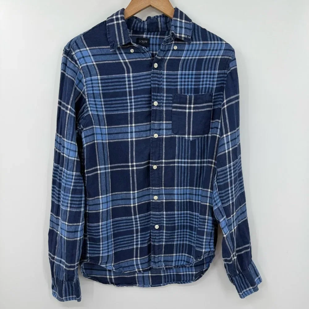 J.Crew Plaid 100% Linen Button-Down Shirt in Navy/Blue | Large